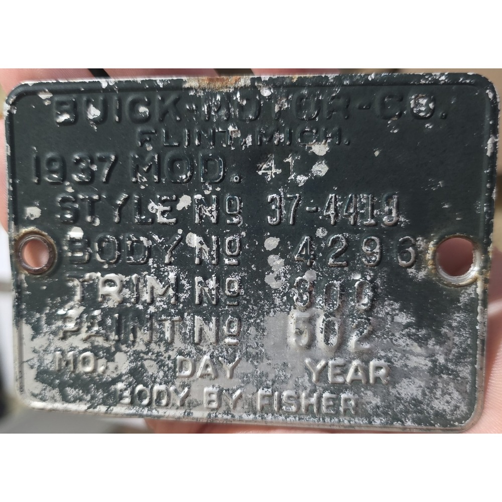 1937 Buick Special 4 Dr Body Data Plate Trim Tag VIN Vinplate ID Original